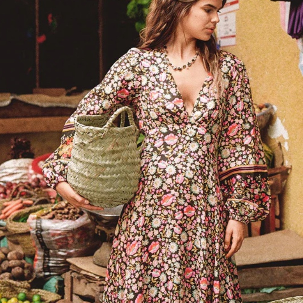 Spell Floral Maxi Dress in Black with Pink & Green Flowers